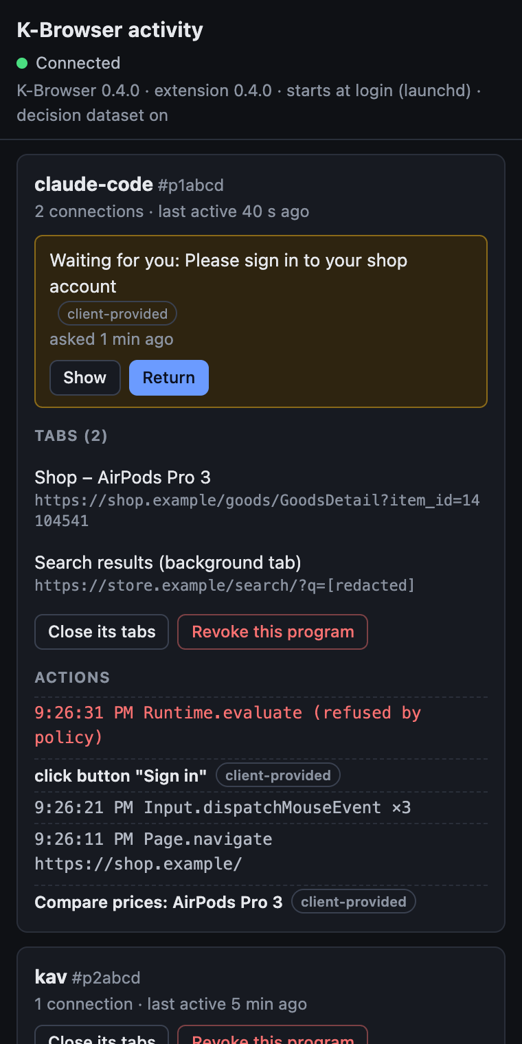 The K-Browser side panel showing two agents, a pending hand-off, their tabs and an action log.