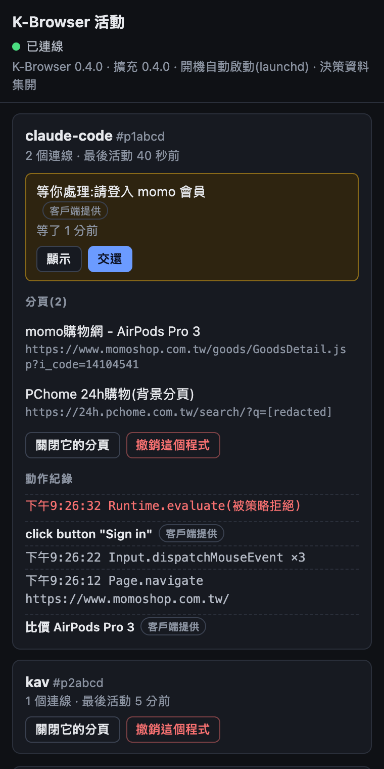 K-Browser 側邊面板:兩個 agent、一個等待處理的交接、它們的分頁和動作紀錄。